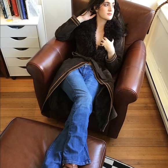 Vintage (Rare) Brown Suede 3/4 Length Faux Fur-Lined Coat - Picture 7 of 8